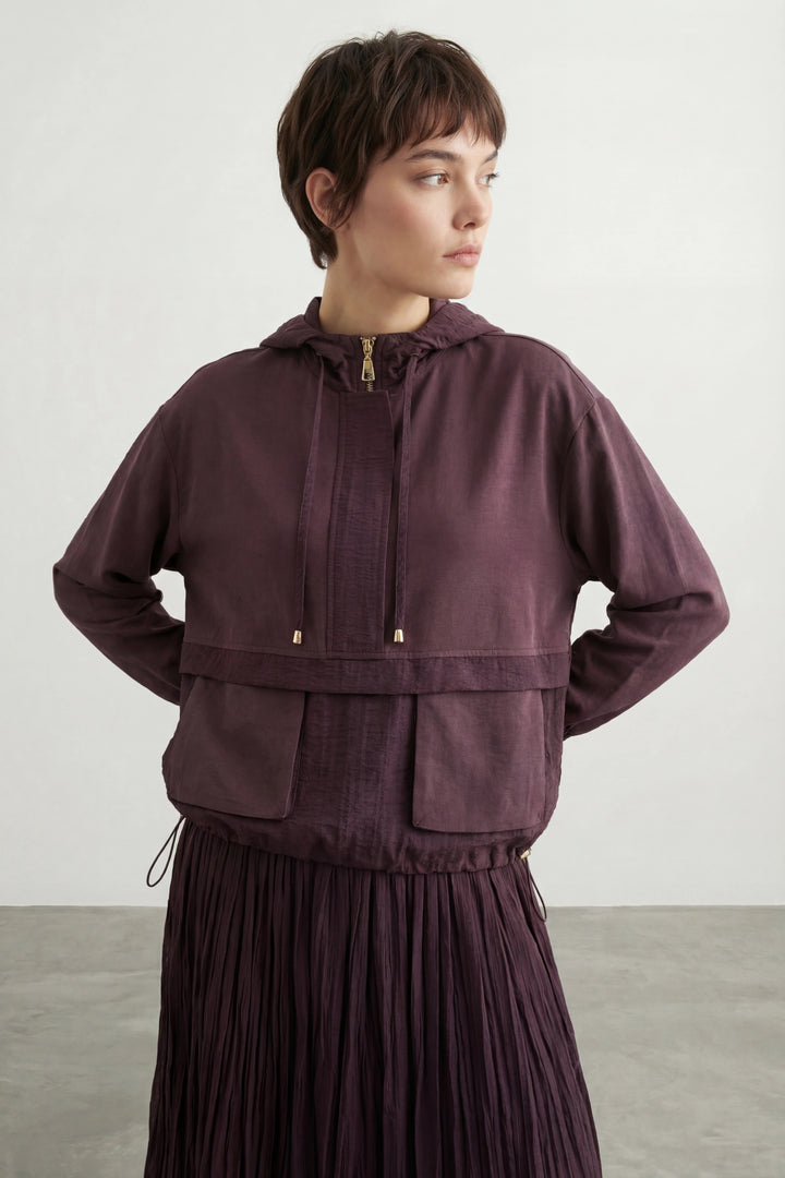 Torba Cepli Kapüşonlu Etekli Takım Mürdüm