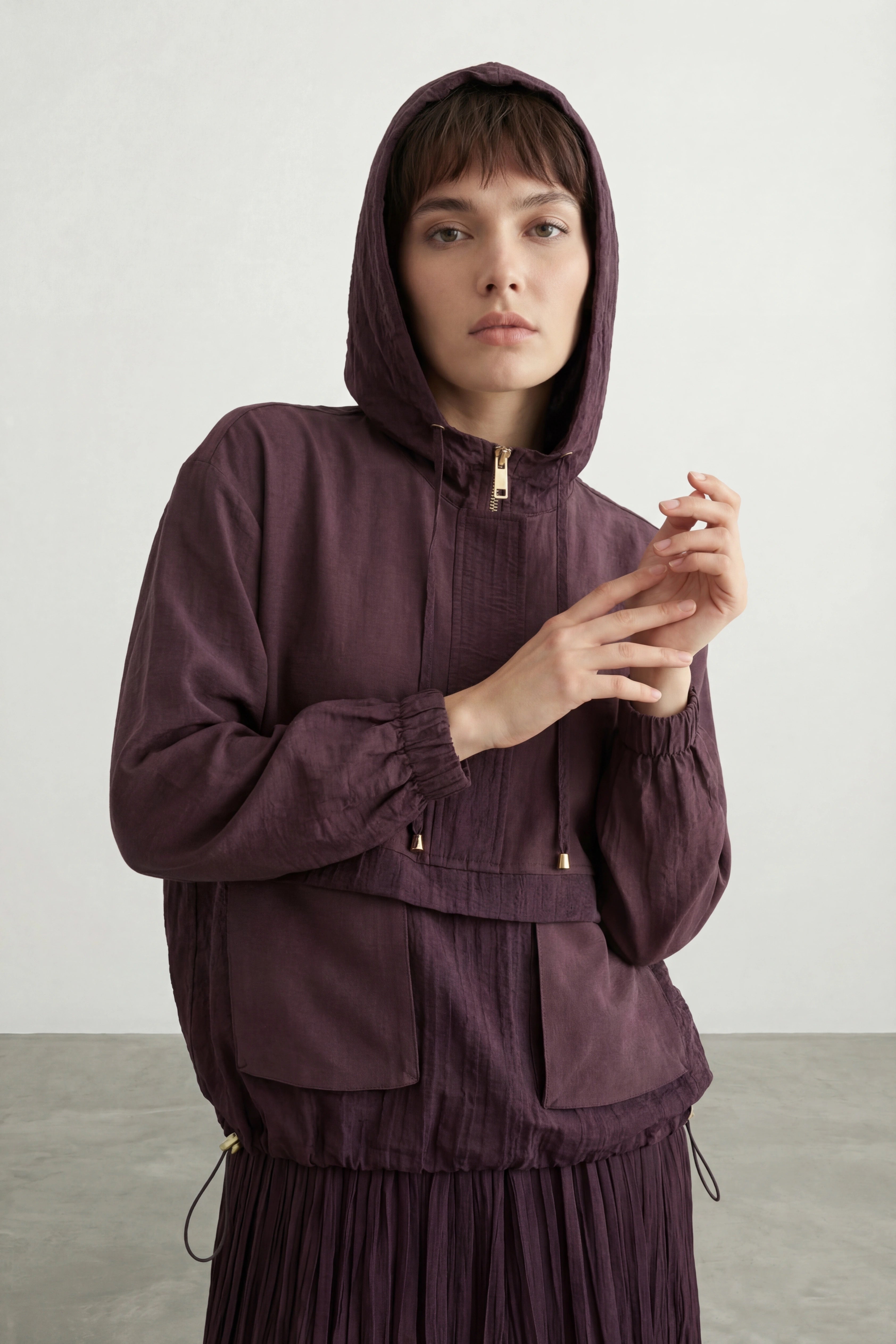 Torba Cepli Kapüşonlu Etekli Takım Mürdüm