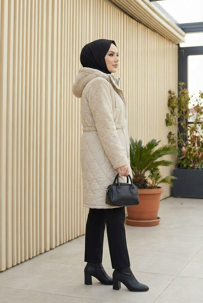 Kapüşonlu Kürklü Kapitone Mont Bej