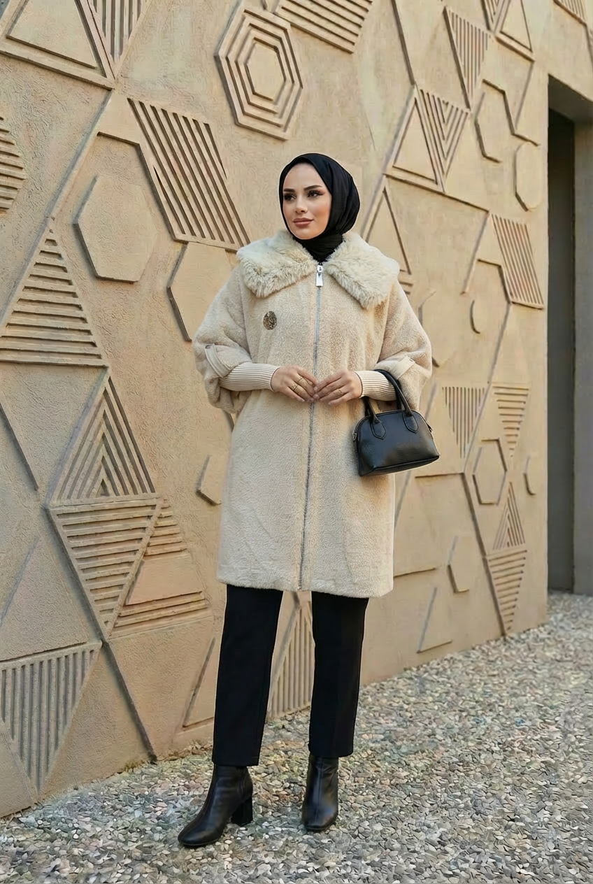 Lüks Kürk Yaka Angora Kaban Bej