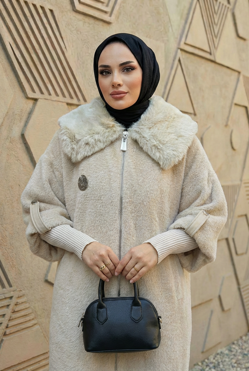 Lüks Kürk Yaka Angora Kaban Bej