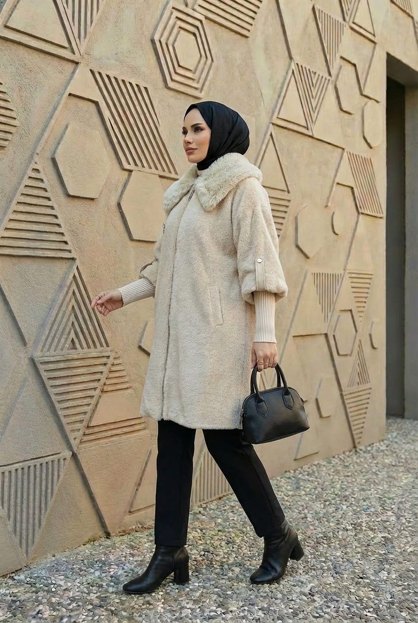 Lüks Kürk Yaka Angora Kaban Bej