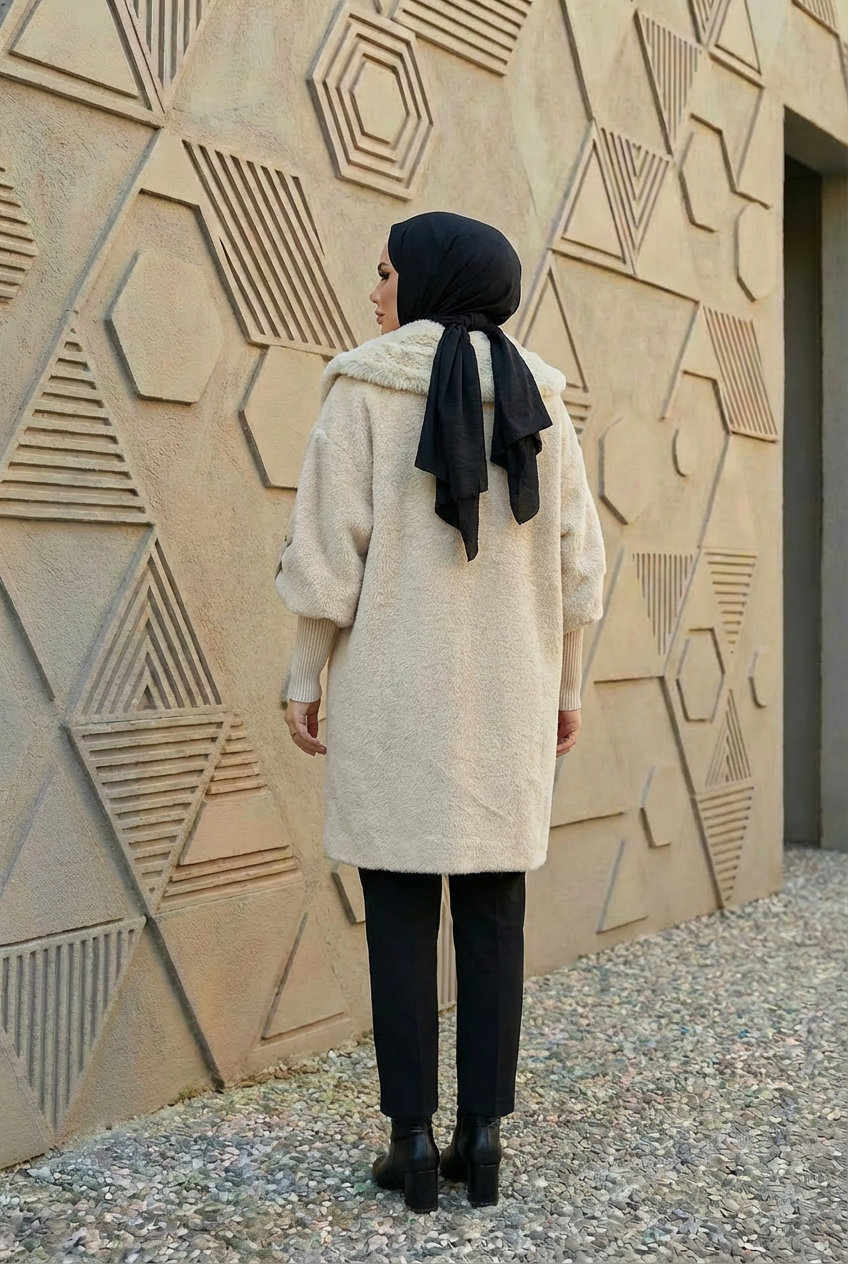 Lüks Kürk Yaka Angora Kaban Bej