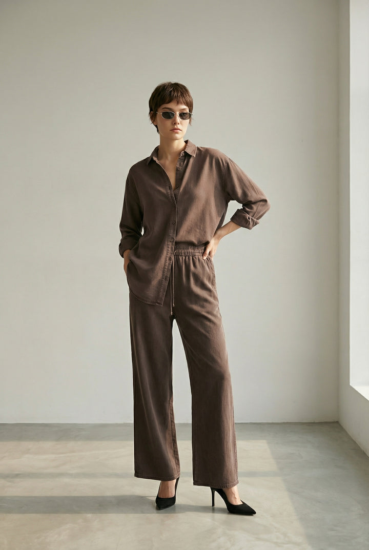 Tensel Kumaş Bol Paça Pantalon Kahverengi