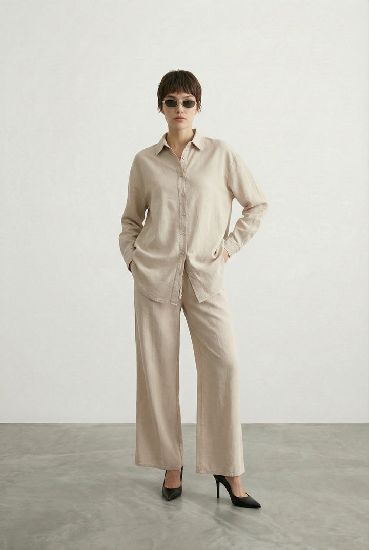 Tensel Kumaş Bol Paça Pantalon Bej