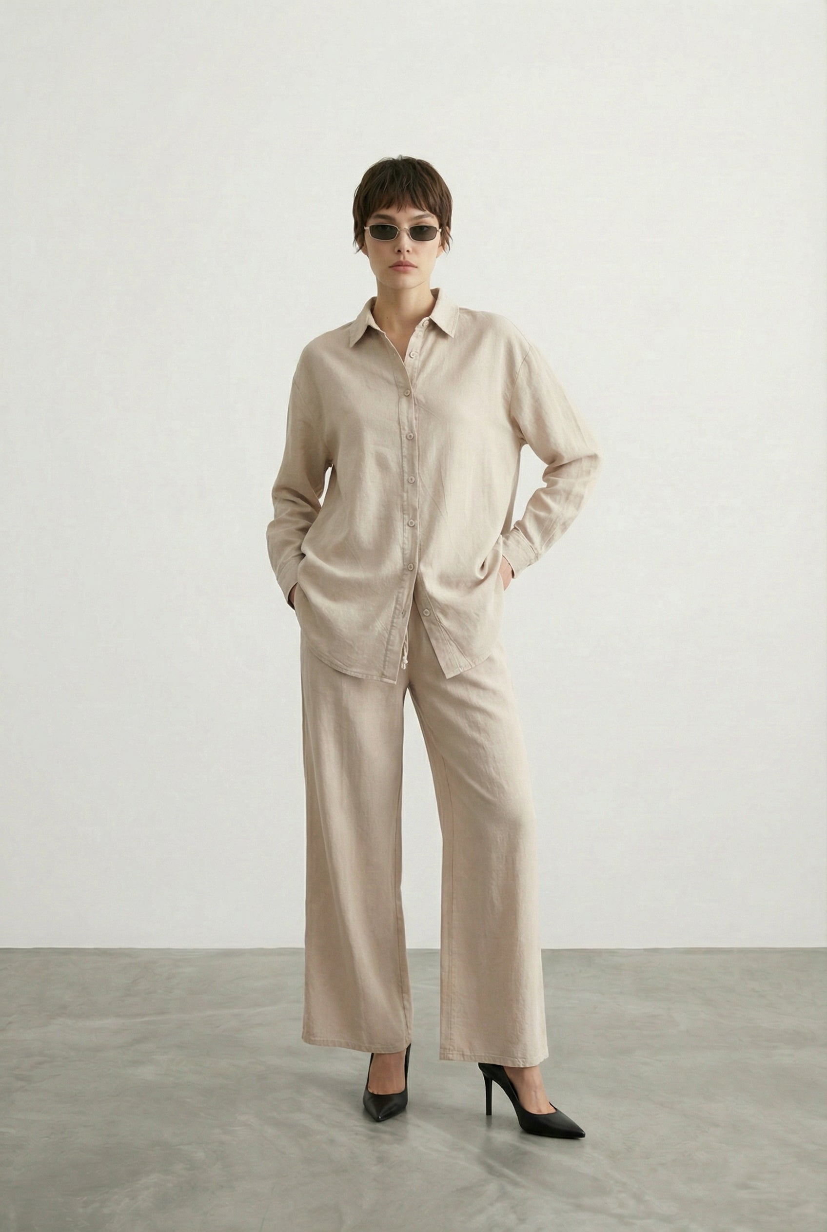 Tensel Kumaş Gömlek Bej