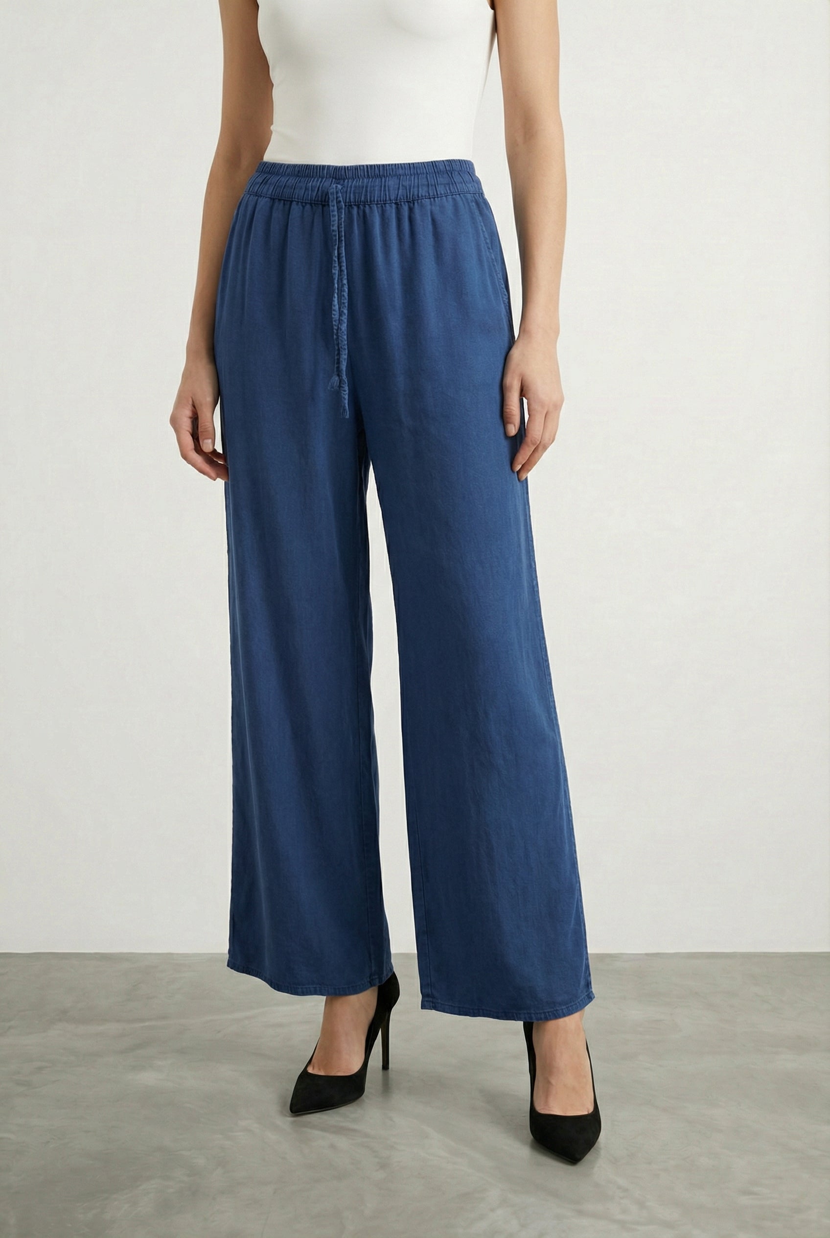 Tensel Kumaş Bol Paça Pantalon Lacivert