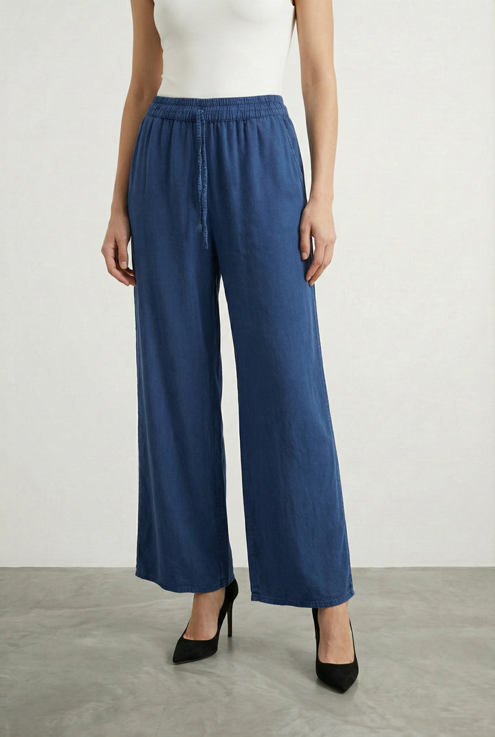 Tensel Kumaş Bol Paça Pantalon Lacivert