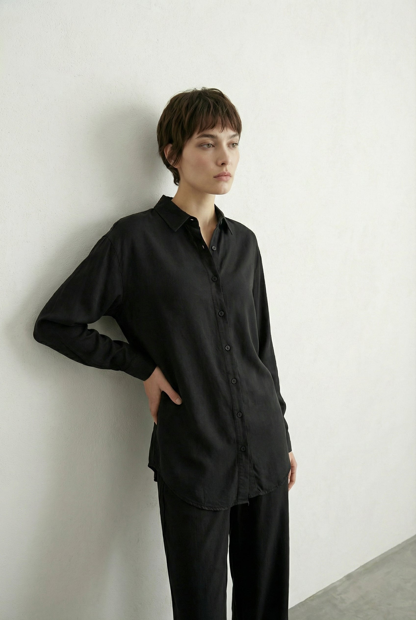 Tensel Kumaş Bol Paça Pantolon Siyah