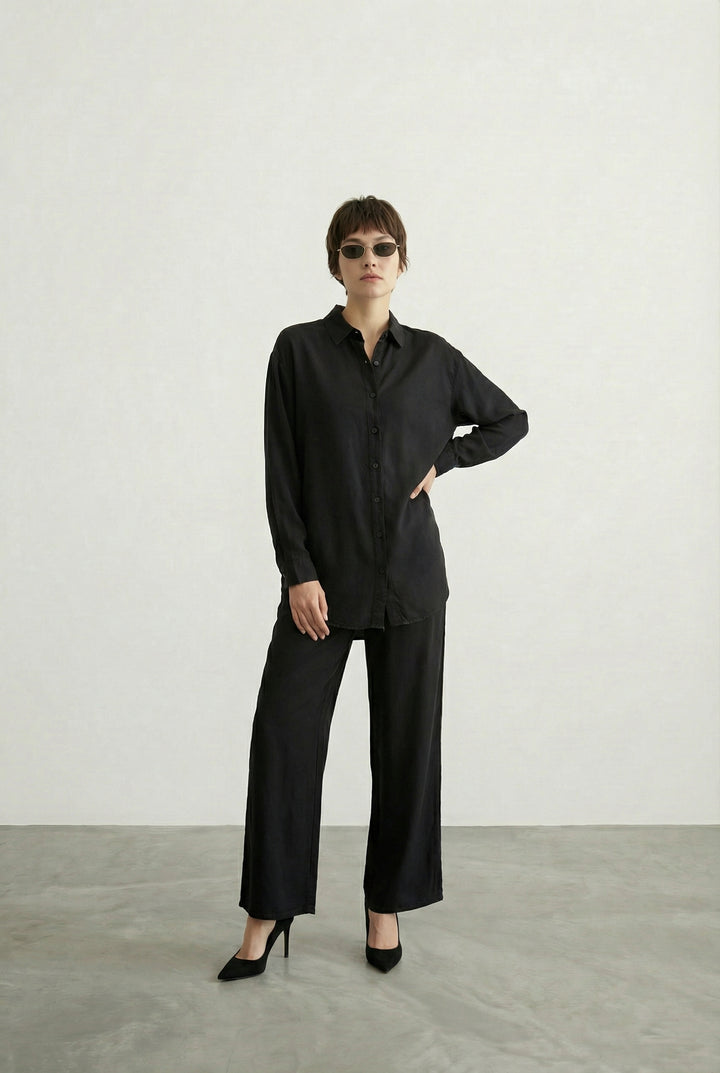 Tensel Kumaş Bol Paça Pantolon Siyah