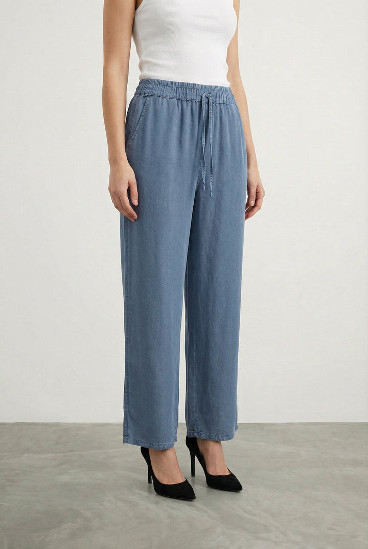 Tensel Kumaş Bol Paça Pantolon İndigo