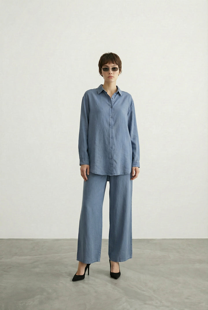 Tensel Kumaş Bol Paça Pantolon İndigo