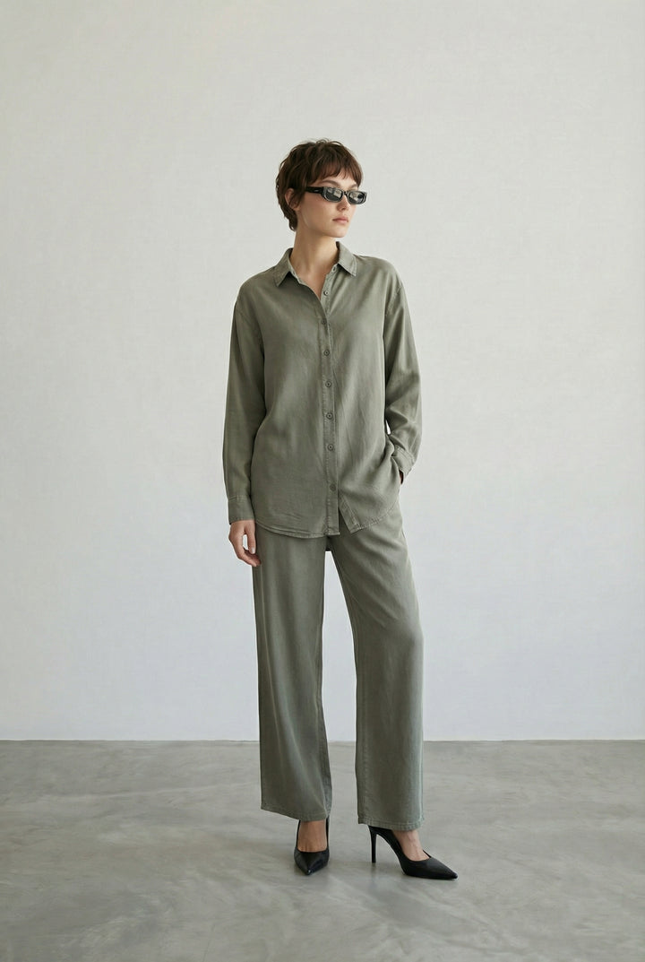 Tensel Kumaş Bol Paça Pantolon Haki