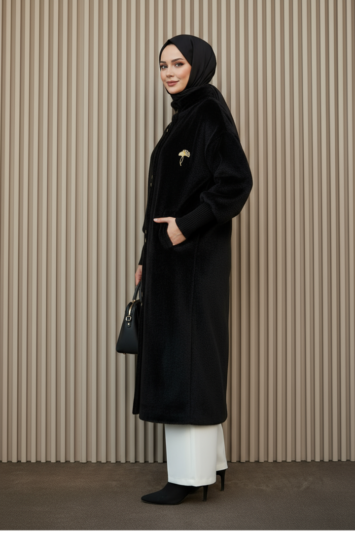 Özel Tasarım Gold Düğmeli Kaban Siyah