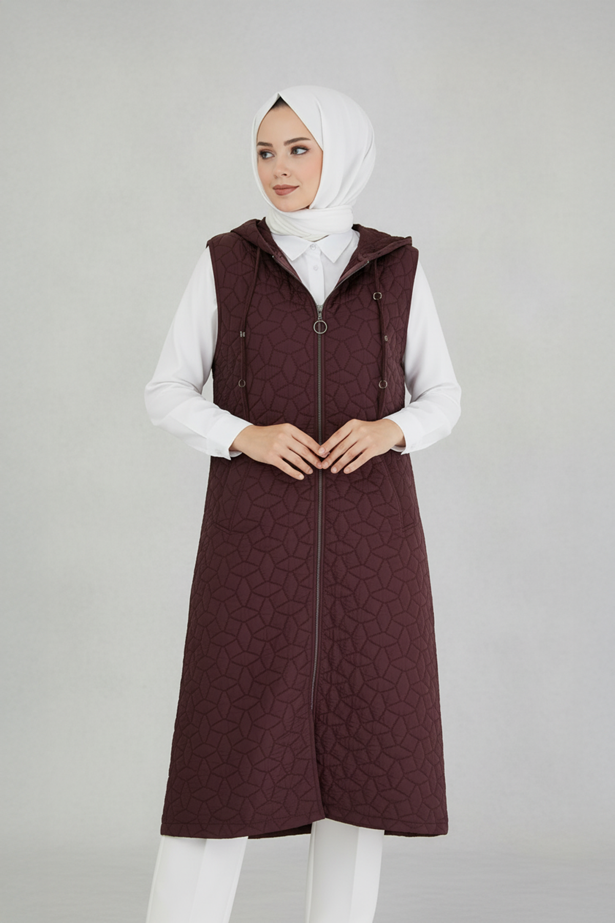 Kapüşonlu Kapitone Kumaş Yelek Kahve