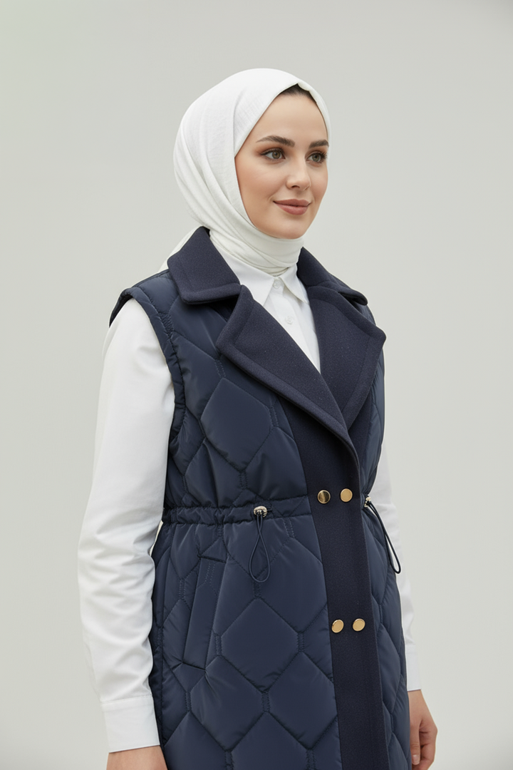 Baklava Desen Premium Kaşe Detaylı Yelek Lacivert