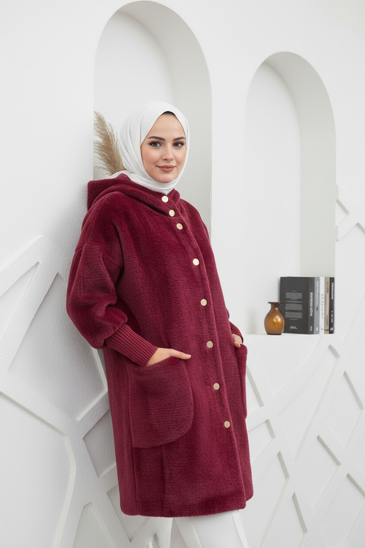 Kapşonlu Angora Kumaş Kaban Bordo