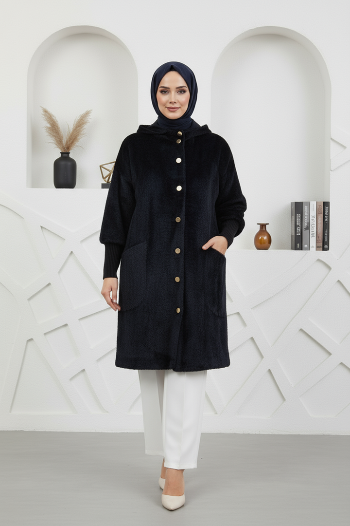 Kapşonlu Angora Kumaş Kaban Siyah