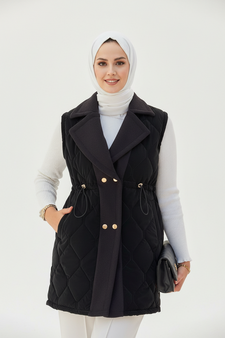 Baklava Desen Premium Kaşe Detaylı Yelek Siyah