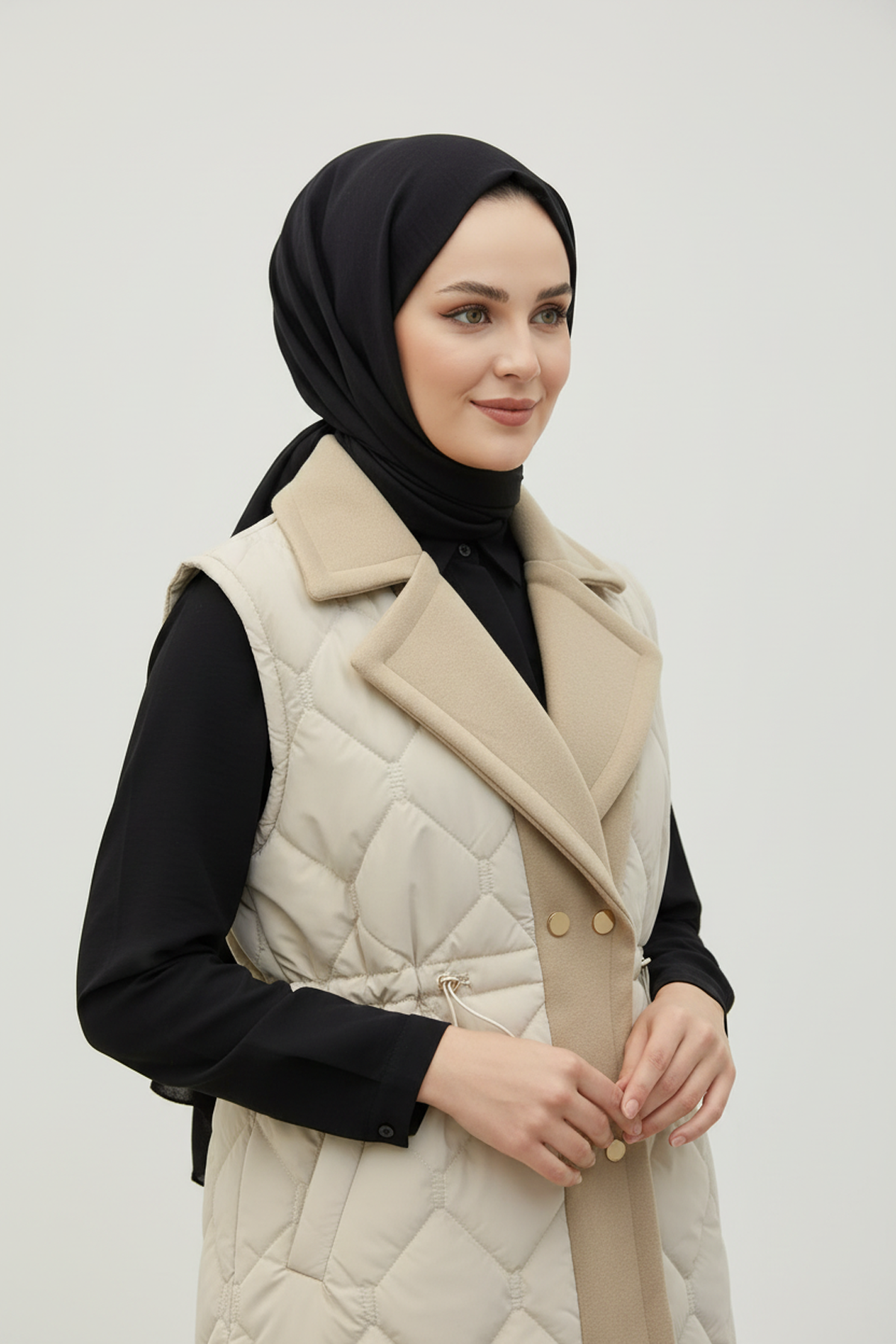 Baklava Desen Premium Kaşe Detaylı Yelek Bej