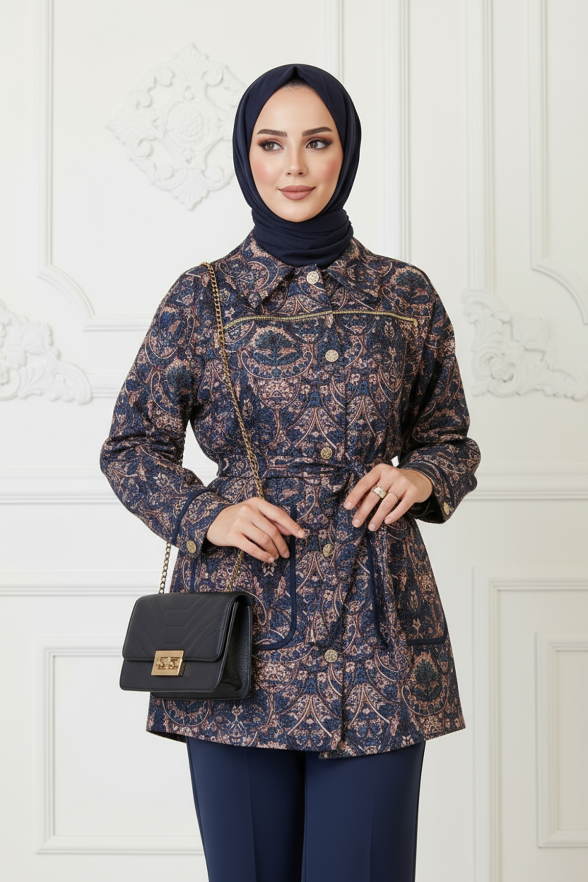 Etnik Desenli Fermuar Detaylı Ceket Lacivert