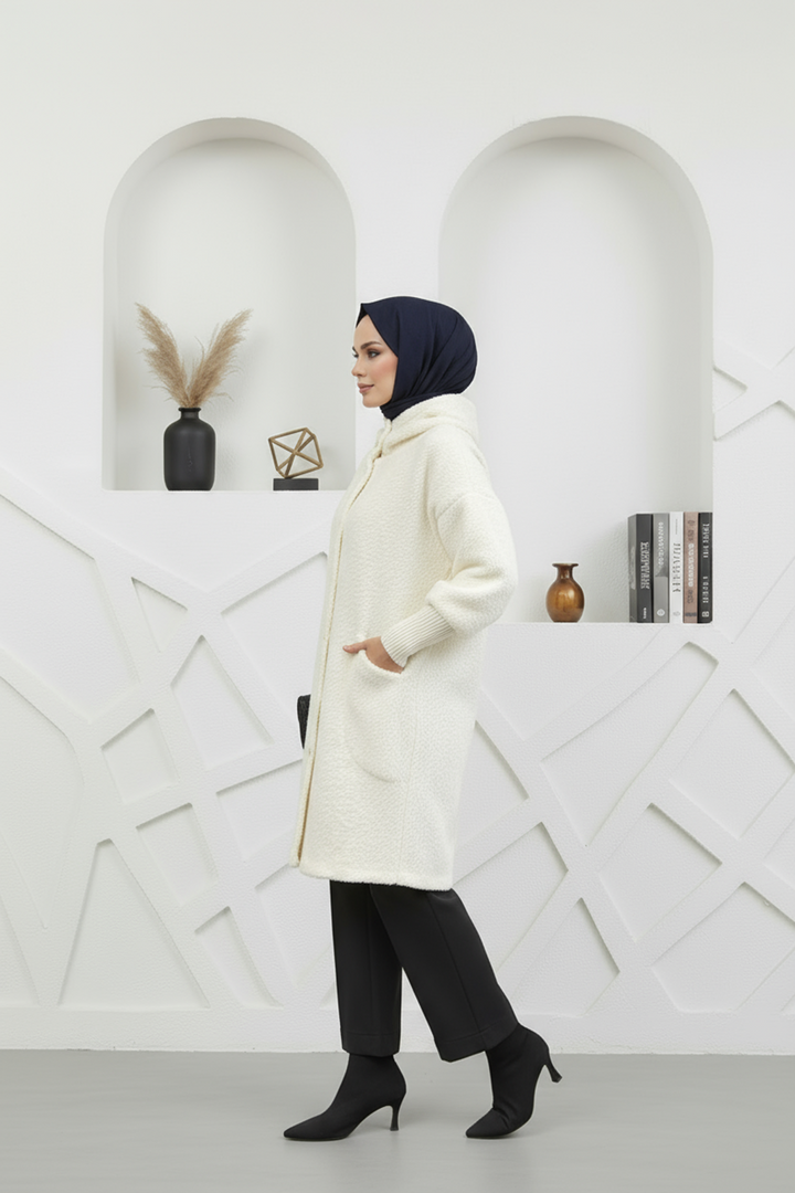 Kapşonlu Angora Kumaş Kaban Ekru