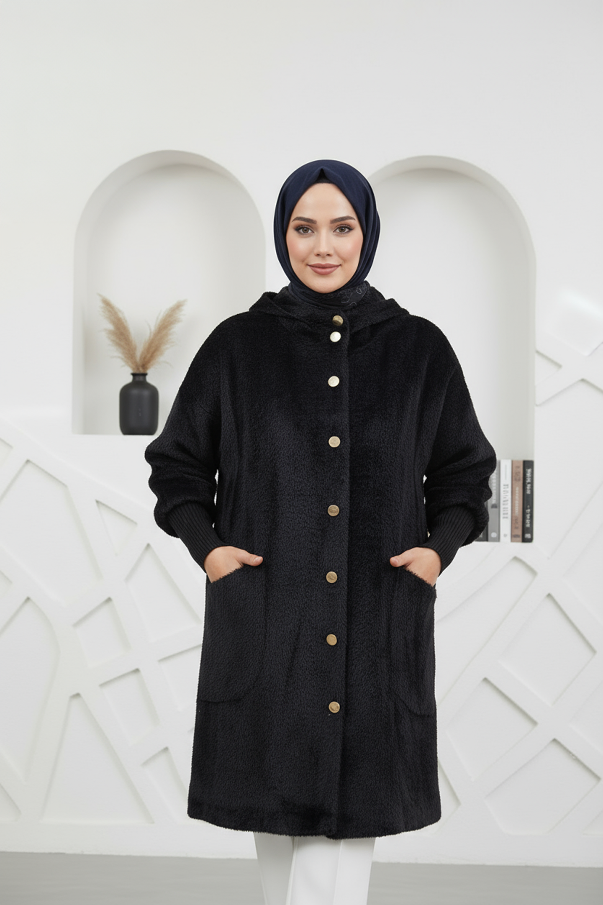 Kapşonlu Angora Kumaş Kaban Siyah