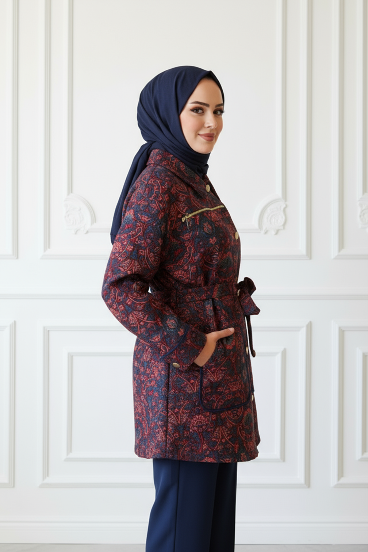 Etnik Desenli Fermuar Detaylı Ceket Bordo