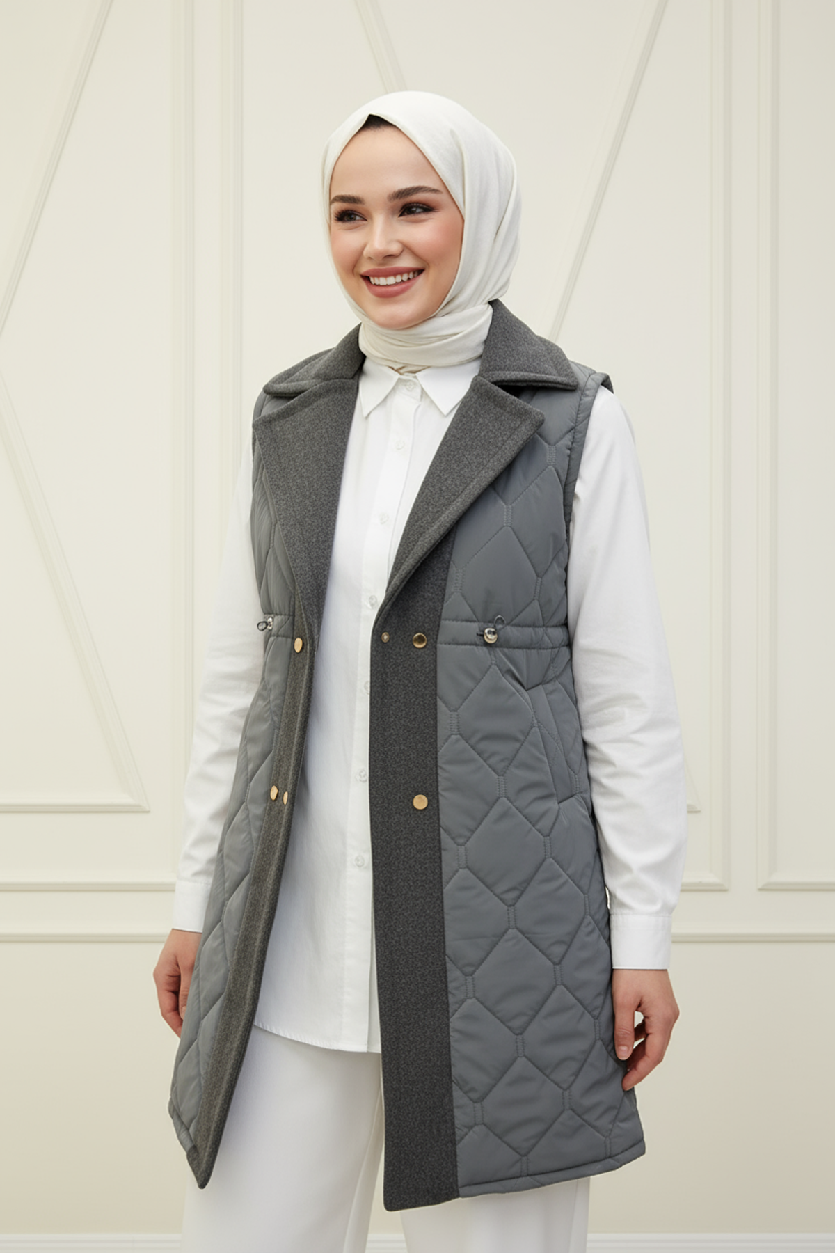 Ara Boy Kapitone Kaşe Detaylı Yelek Gri