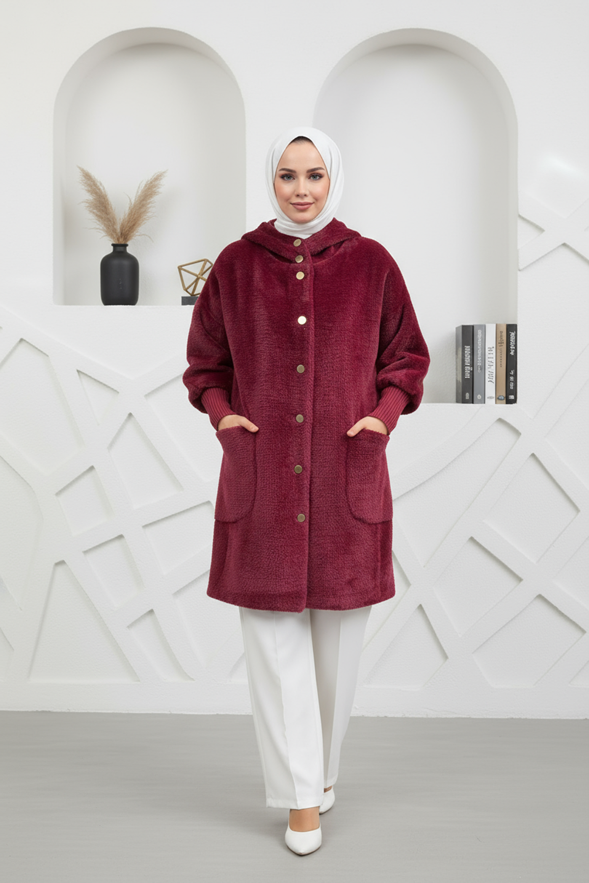 Kapşonlu Angora Kumaş Kaban Bordo