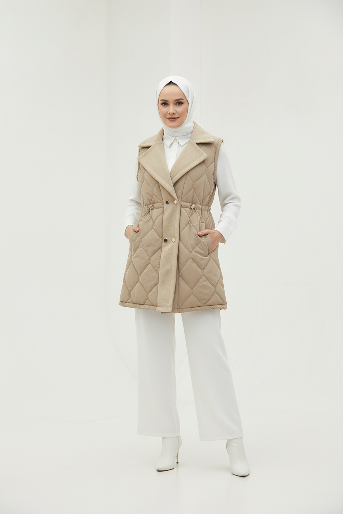 Baklava Desen Premium Kaşe Detaylı Yelek Vizon