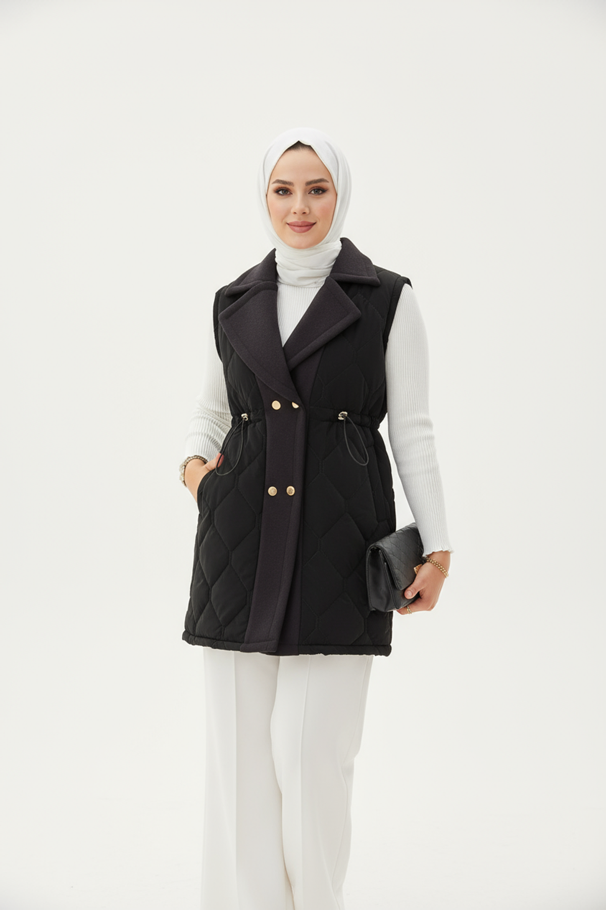 Baklava Desen Premium Kaşe Detaylı Yelek Siyah