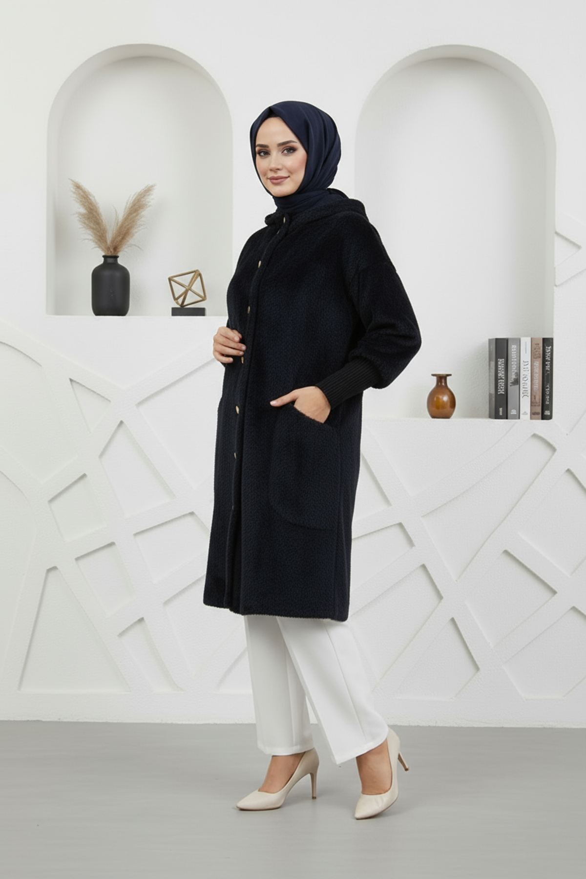 Kapşonlu Angora Kumaş Kaban Siyah