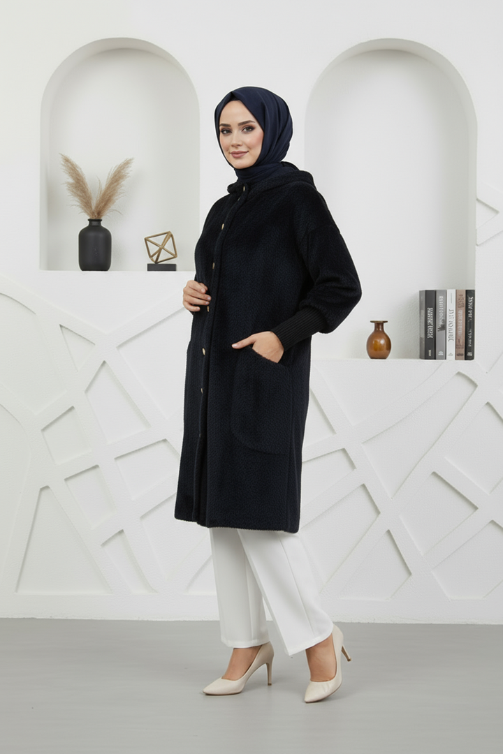 Kapşonlu Angora Kumaş Kaban Siyah