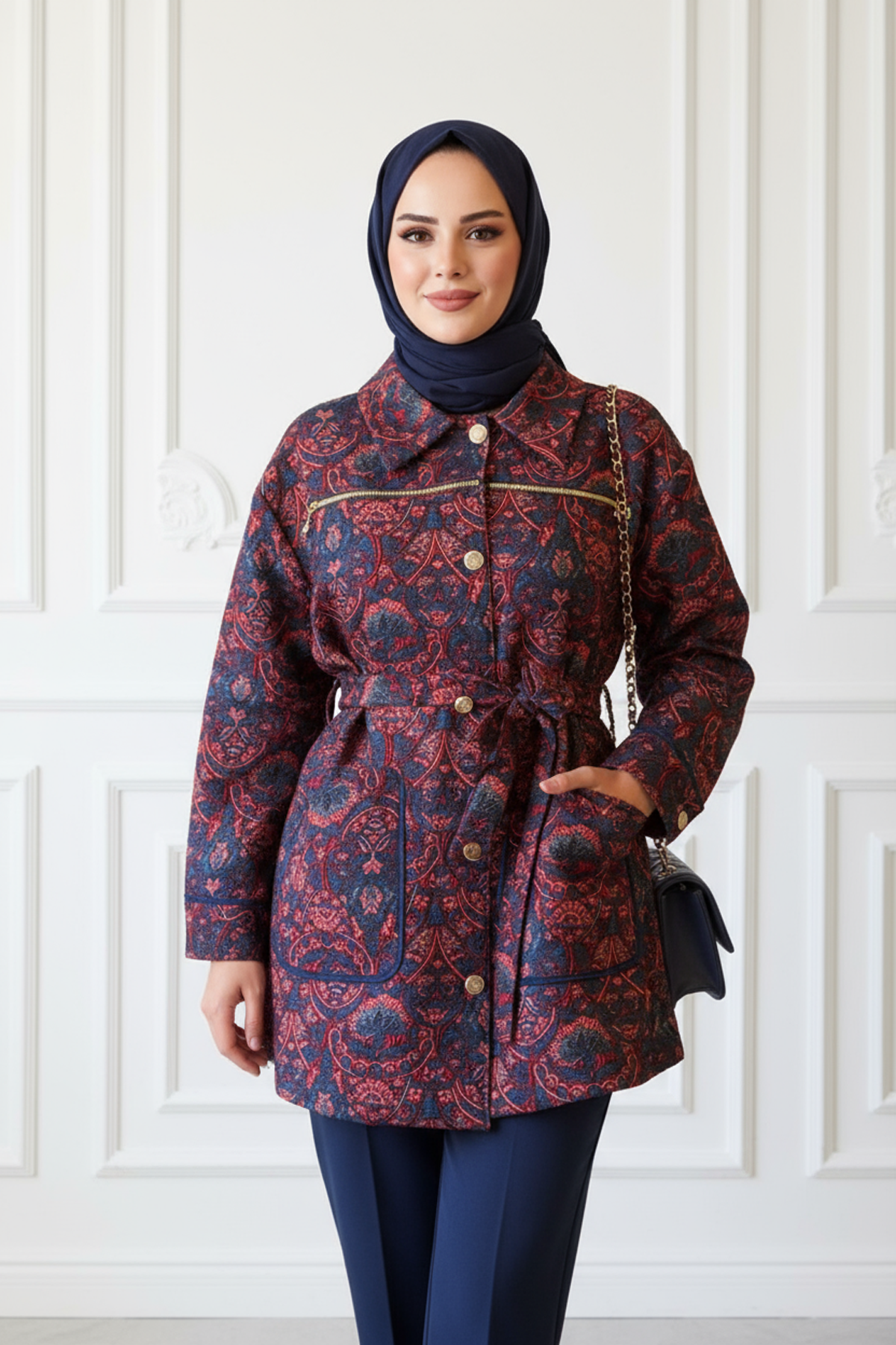 Etnik Desenli Fermuar Detaylı Ceket Bordo