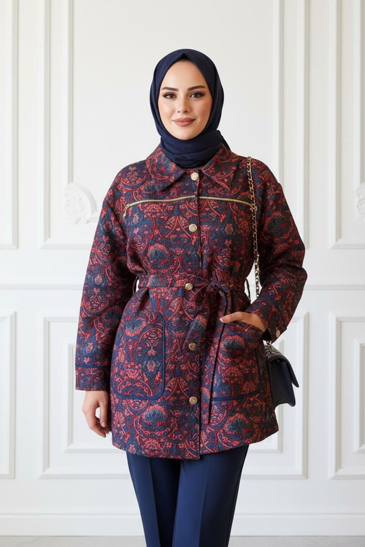 Etnik Desenli Fermuar Detaylı Ceket Bordo