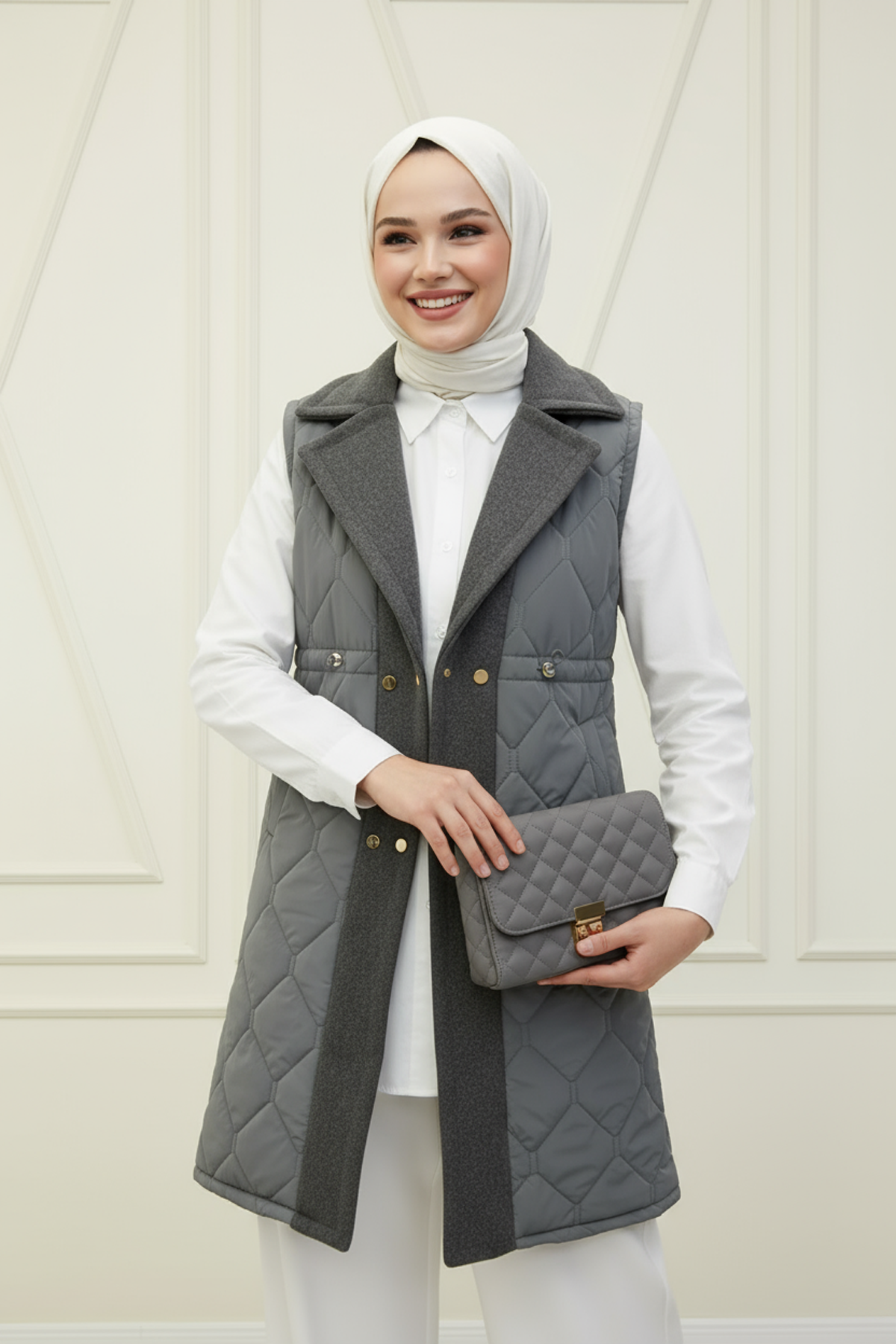 Ara Boy Kapitone Kaşe Detaylı Yelek Gri