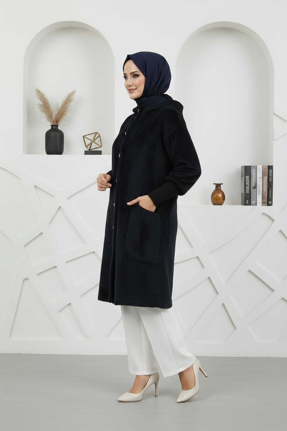 Kapşonlu Angora Kumaş Kaban Siyah