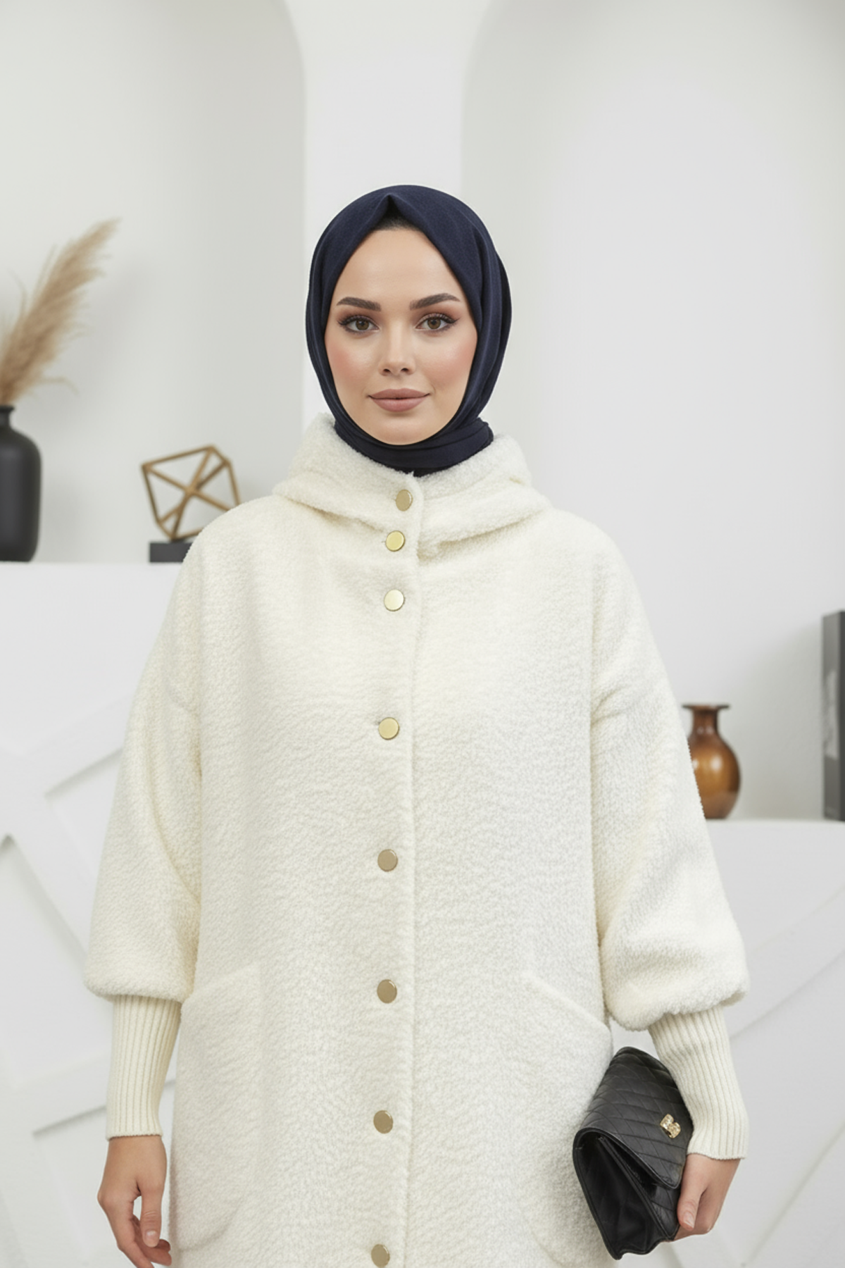 Kapşonlu Angora Kumaş Kaban Ekru