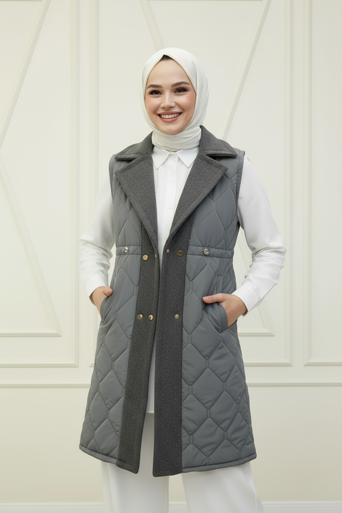 Ara Boy Kapitone Kaşe Detaylı Yelek Gri