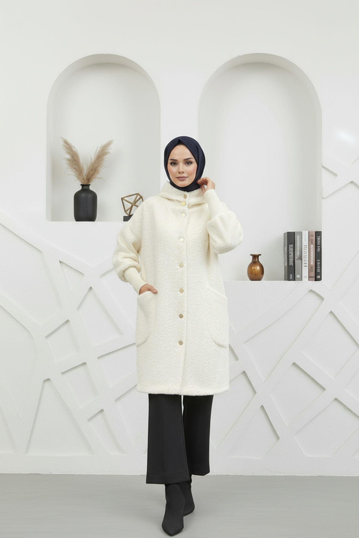 Kapşonlu Angora Kumaş Kaban Ekru