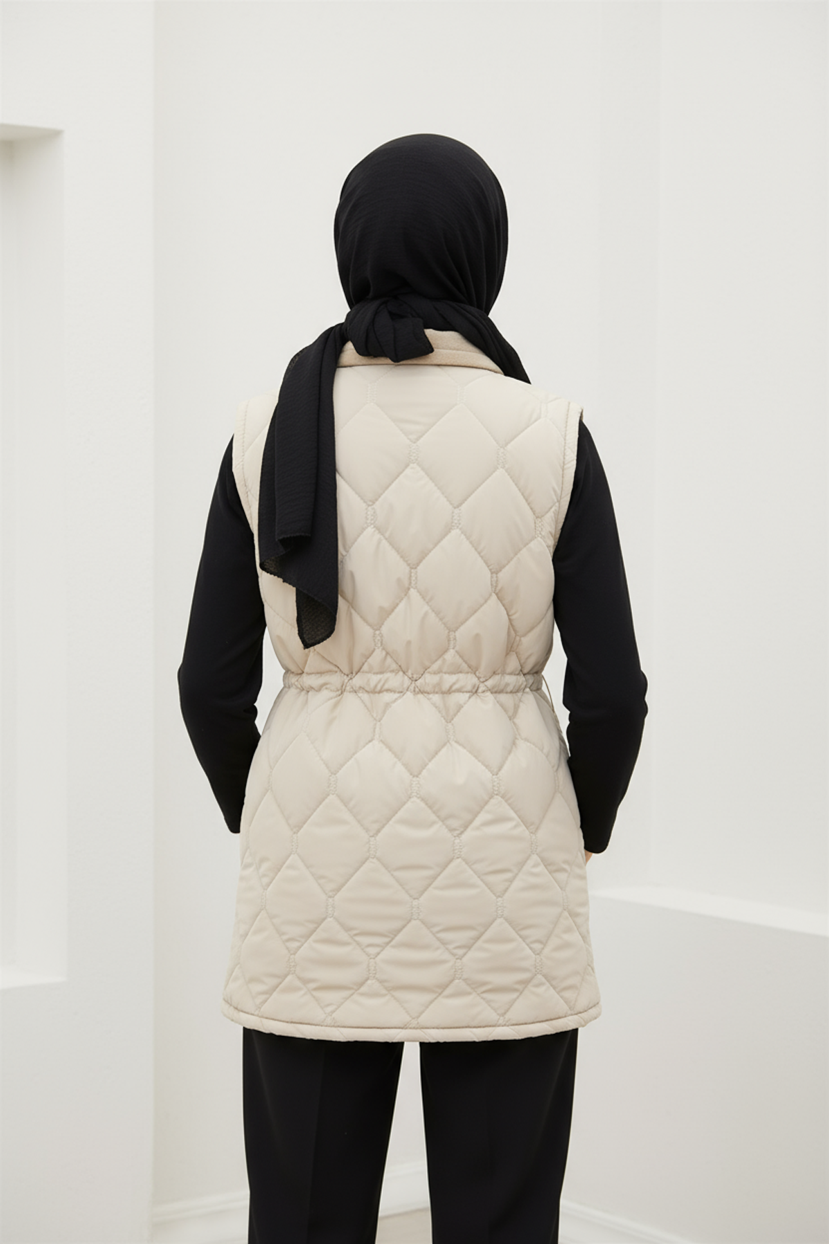 Baklava Desen Premium Kaşe Detaylı Yelek Bej