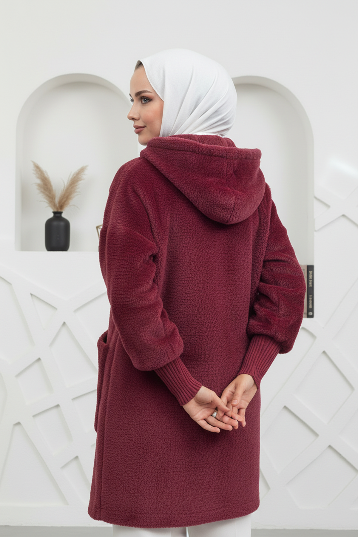 Kapşonlu Angora Kumaş Kaban Bordo