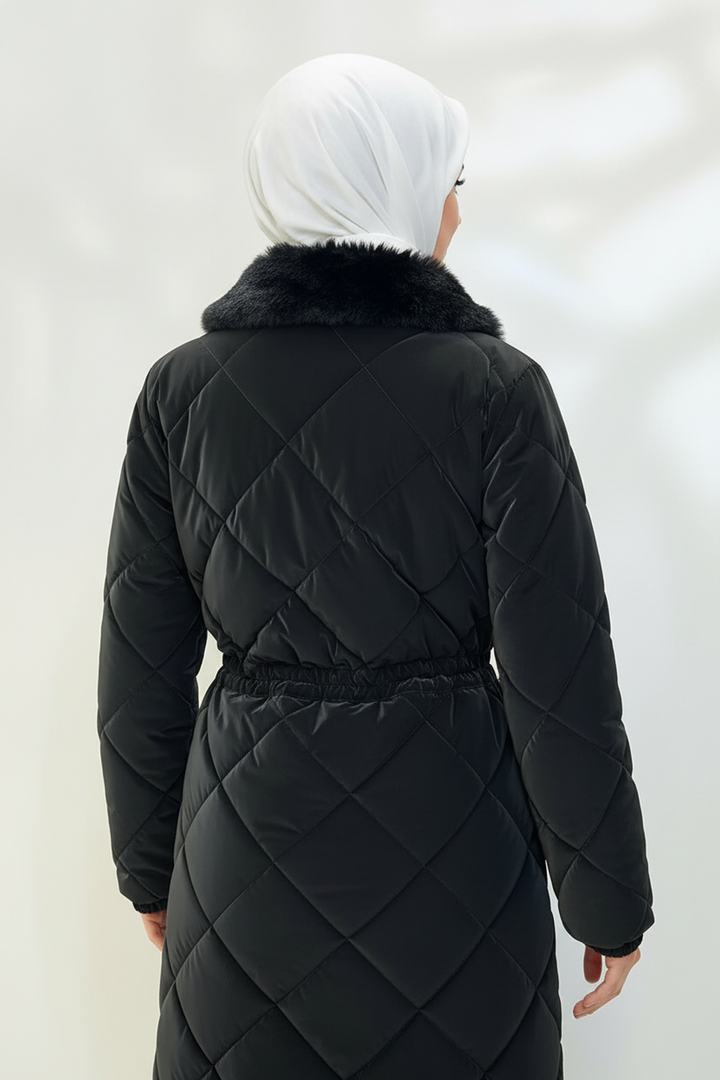 Yakası Kürklü Kapitone Kumaş Mont Siyah