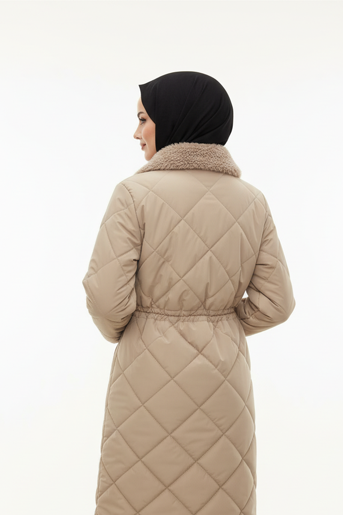 Yakası Kürklü Kapitone Kumaş Mont Vizon