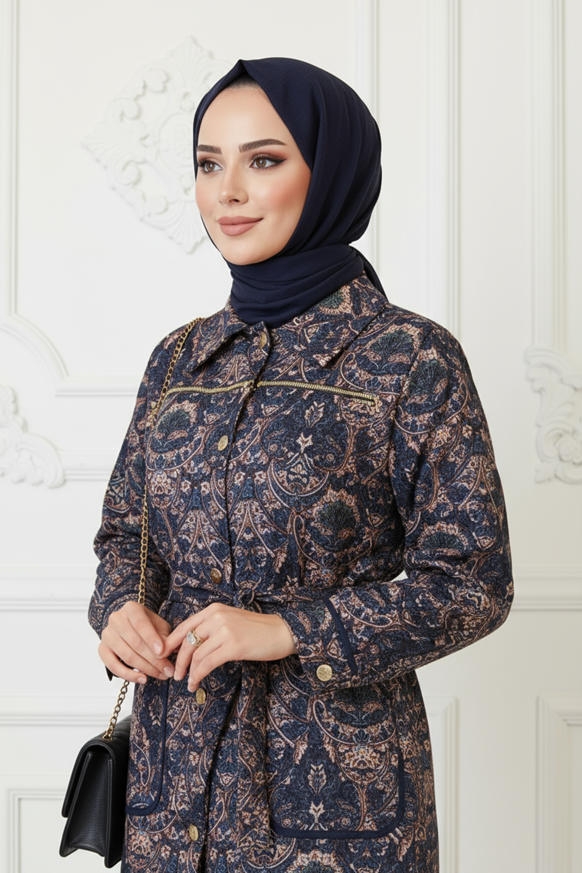 Etnik Desenli Fermuar Detaylı Ceket Lacivert