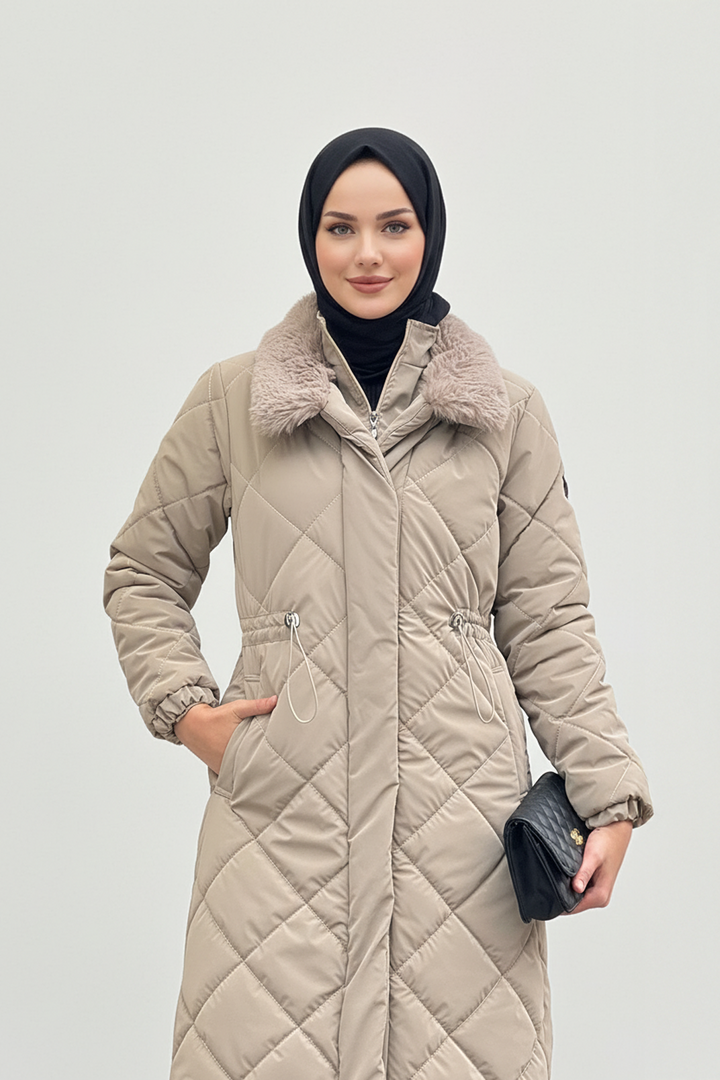 Yakası Kürklü Kapitone Kumaş Mont Vizon