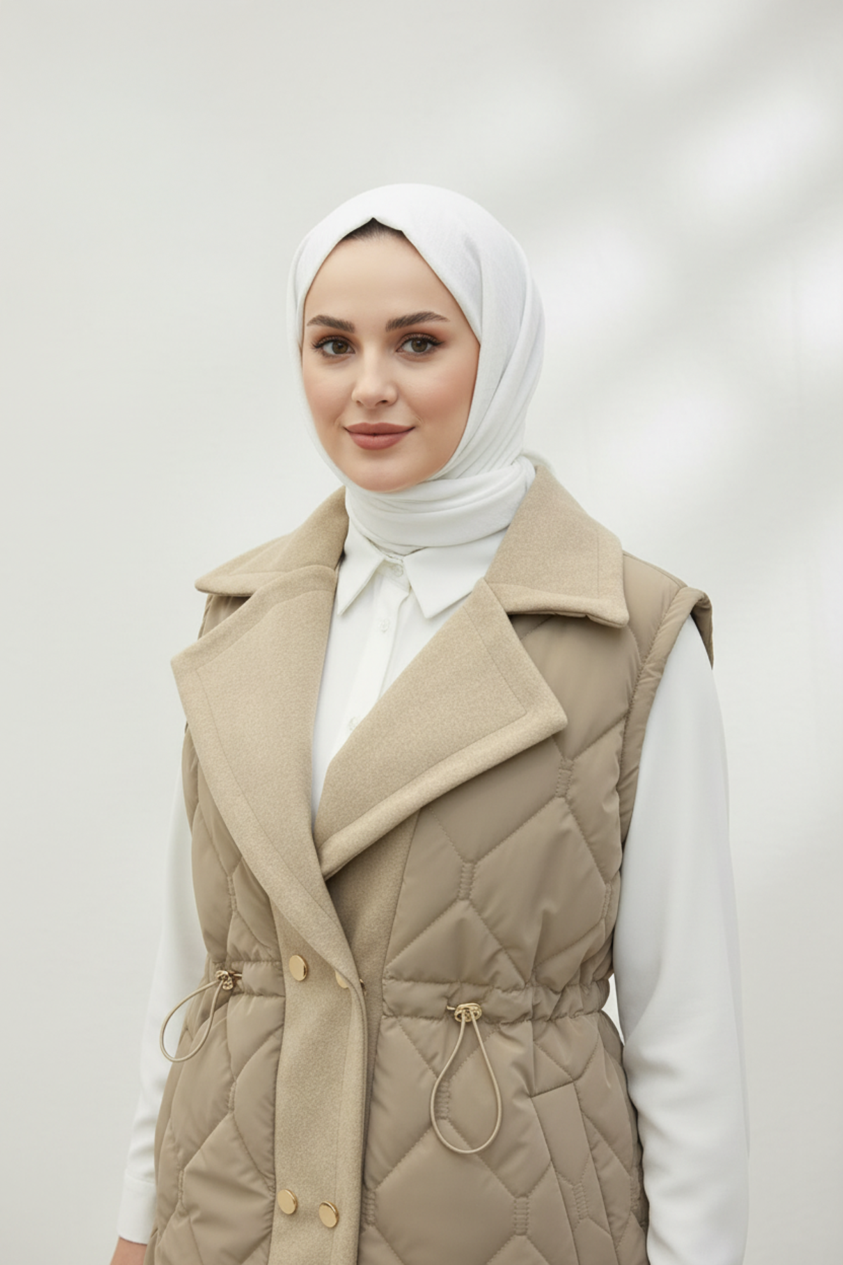 Baklava Desen Premium Kaşe Detaylı Yelek Vizon