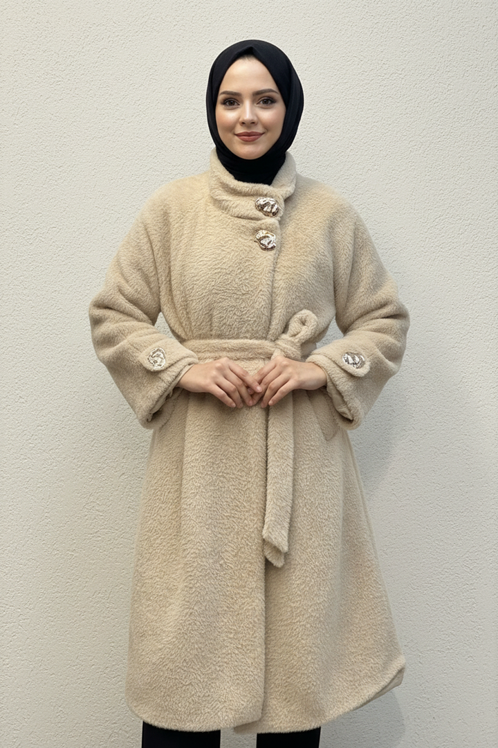 Gold Düğme Detaylı Kuşaklı Angora Kaban Vizon