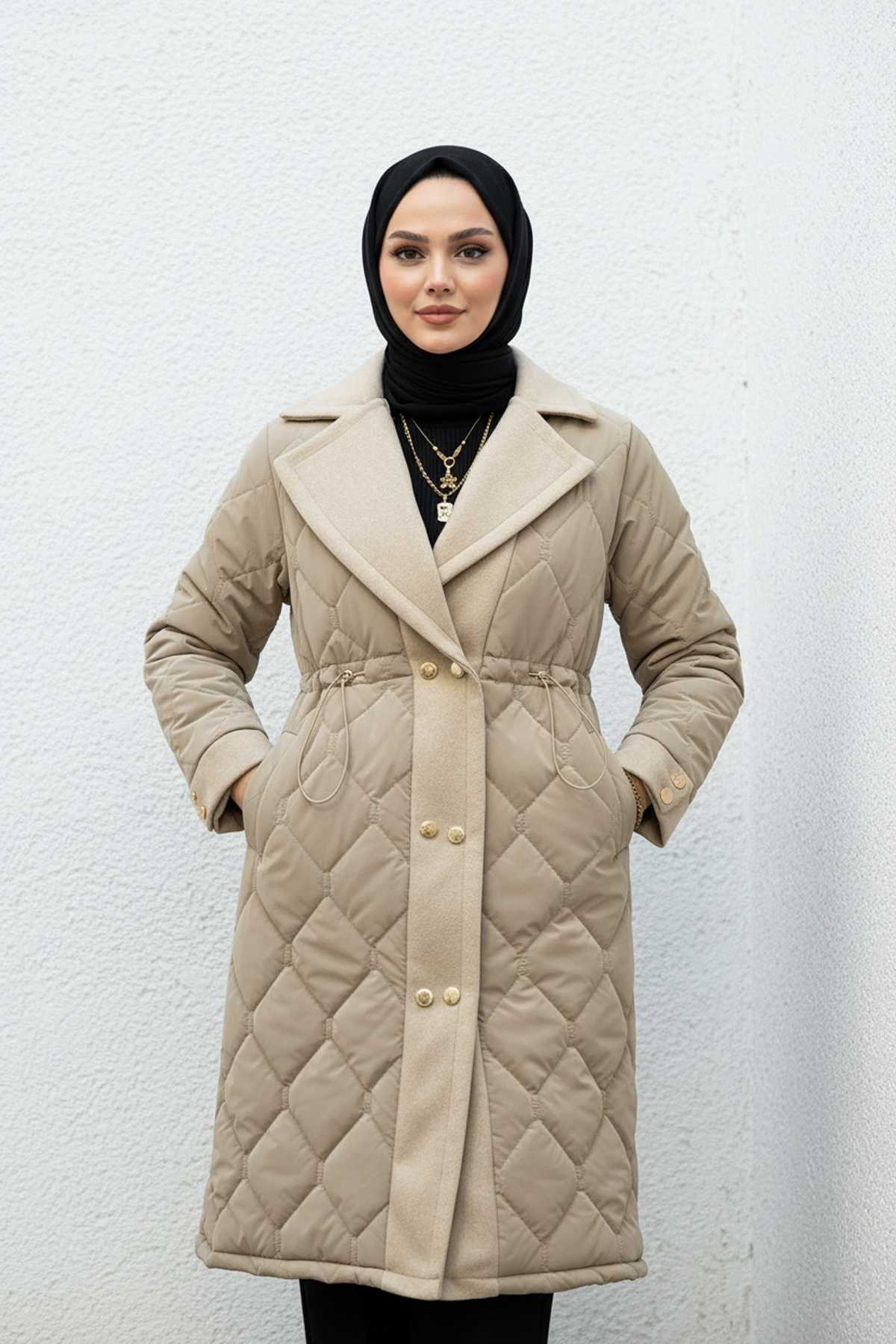 Kaşe Detaylı Kapitone Kaban Vizon